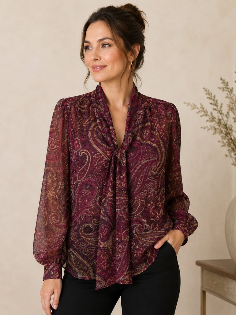 Tamara H. Paisley Sheer Blouse – Burgundy (Size L)